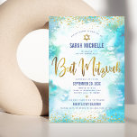 Bat Mitzvah modern gold foil turquoise watercolor Invitation<br><div class="desc">Be proud, rejoice and showcase this milestone of your favourite Bat Mitzvah! Send out this stunning, modern, sparkly gold faux foil and glitter dots and typography script against a turquoise watercolor background, personalized invitation for an event to remember. Personalize the custom text with your Bat Mitzvah’s name, date, and venue...</div>