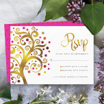 Bat Mitzvah Modern Gold Red Foil Tree of Life RSVP Card<br><div class="desc">Be proud, rejoice and showcase this milestone of your favourite Bat Mitzvah! Include this graphic faux gold foil tree with sparkly pink, orange, and red Star of David and dot “leaves” on a white background, personalized RSVP insert card for your event. A tiny, dark red Star of David pattern overlaying...</div>