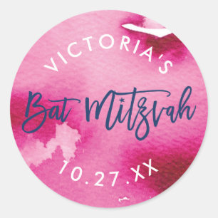 BAT MITZVAH modern lettered dark pink watercolor Classic Round Sticker
