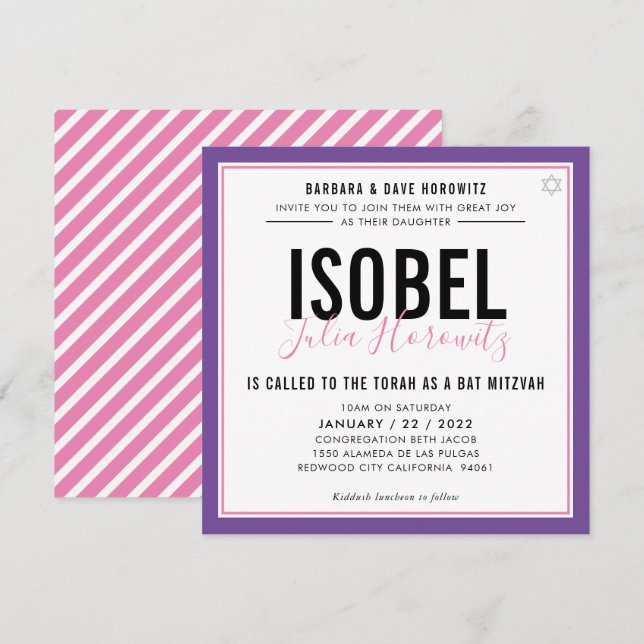 BAT MITZVAH modern minimalist colour pink purple Invitation (Front/Back)