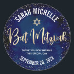 Bat Mitzvah Modern Navy Blue Gold Glitter Script Classic Round Sticker<br><div class="desc">Be proud, rejoice and celebrate this milestone of your favourite Bat Mitzvah whenever you use this sophisticated, personalized sticker! Sparkly gold faux foil handwritten script, a Star of David and tiny confetti glitter dots, with bold, white sans serif typography, overlay a sophisticated, dramatic navy blue watercolor background. Personalize the custom...</div>