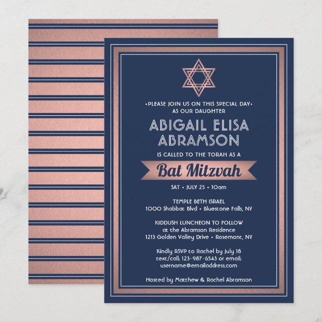 Bat Mitzvah Modern Navy Blue Pink Rose Gold Trendy Invitation (Front/Back)