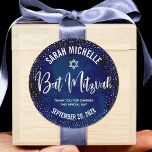 Bat Mitzvah Modern Navy Blue Silver Glitter Script Classic Round Sticker<br><div class="desc">Be proud, rejoice and celebrate this milestone of your favourite Bat Mitzvah whenever you use this sophisticated, personalized sticker! Sparkly silver faux foil handwritten script, a Star of David and tiny confetti glitter dots, with bold, white sans serif typography, overlay a sophisticated, dramatic navy blue watercolor background. Personalize the custom...</div>