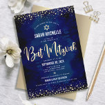 Bat Mitzvah Modern Navy Gold Glitter Foil Script Invitation<br><div class="desc">Be proud, rejoice and showcase this milestone of your favourite Bat Mitzvah! Send out this stunning, modern, sophisticated, personalized invitation for an event to remember. Graphic faux gold foil calligraphy script, Star of David, and glitter confetti, overlay a rich, dramatic, navy blue watercolor background. A faux gold Star of David...</div>