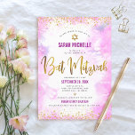Bat Mitzvah modern pink watercolor gold glitter Invitation<br><div class="desc">Be proud, rejoice and showcase this milestone of your favourite Bat Mitzvah! Send out this stunning, modern, sparkly gold faux foil and glitter dots and typography script against a soft pink watercolor background, personalized invitation for an event to remember. Personalize the custom text with your Bat Mitzvah’s name, date, and...</div>