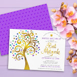 Bat Mitzvah Modern Purple Gold Foil Tree of Life Invitation<br><div class="desc">Be proud, rejoice and showcase this milestone of your favourite Bat Mitzvah! This graphic faux gold foil tree with sparkly turquoise, teal, purple and blue Star of David and dot “leaves” on a white background is the perfect invitation for this special occasion. A tiny, dark purple Star of David pattern...</div>