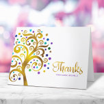 Bat Mitzvah Modern Purple Gold Foil Tree of Life Thank You Card<br><div class="desc">Make sure your favourite Bat Mitzvah shows her appreciation to all who supported her milestone event! Send out this sophisticated, personalized thank you card! This graphic faux gold foil tree with sparkly turquoise, teal, purple and blue Star of David and dot “leaves” overlays a white background. Personalize the custom text...</div>