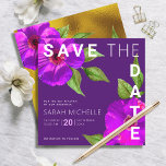 Bat Mitzvah Modern Purple Pink Floral Watercolor Save The Date<br><div class="desc">Make sure all your friends and relatives will be able to celebrate your daughter’s milestone Bat Mitzvah! Send out this chic, stunning, purple pink floral watercolor with modern san serif type against a dark plum purple background, personalized “Save the Date” announcement card. Faux gold foil, purple pink floral watercolor and...</div>