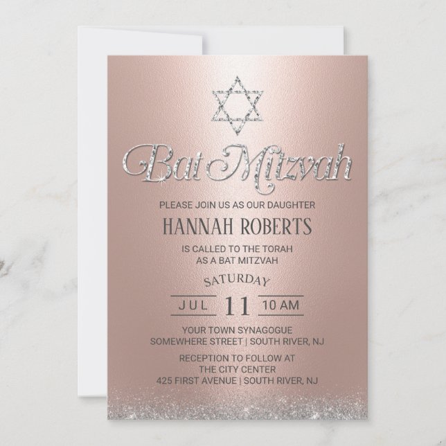 Bat Mitzvah Modern Rose Gold Sparkling Typography Invitation (Front)