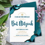 Bat Mitzvah Modern Simple Turquoise Agate Script Invitation<br><div class="desc">Be proud, rejoice and showcase this milestone of your favourite Bat Mitzvah! Send out this cool, unique, modern, personalized invitation for an event to remember. Dark teal blue script typography and faux gold Star of David overlay simple, clean white background with turquoise blue agate accented with faux gold veins. Personalize...</div>