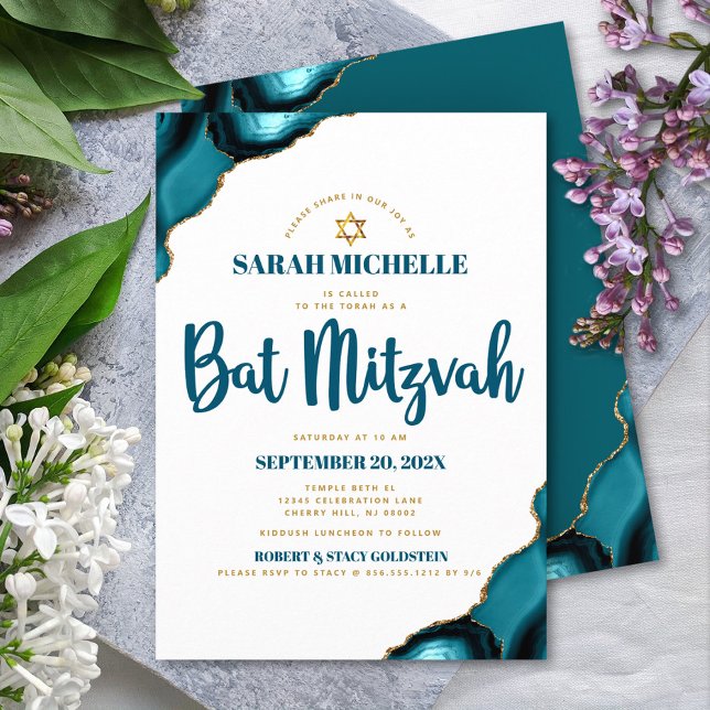Bat Mitzvah Modern Simple Turquoise Agate Script Invitation (Creator Uploaded)
