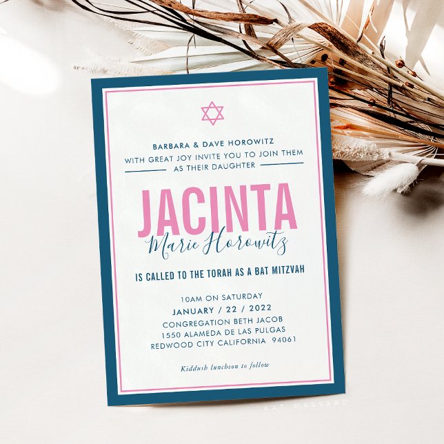 BAT MITZVAH modern star girl blue pink simple Invitation (Creator Uploaded)