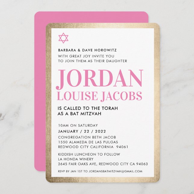 BAT MITZVAH modern star gold black pink simple  Invitation (Front/Back)