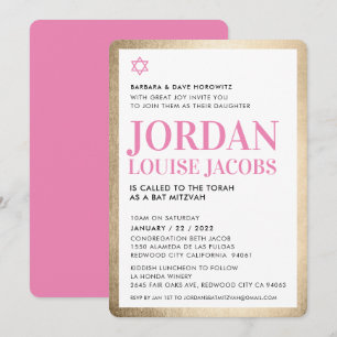 BAT MITZVAH modern star gold black pink simple  Invitation