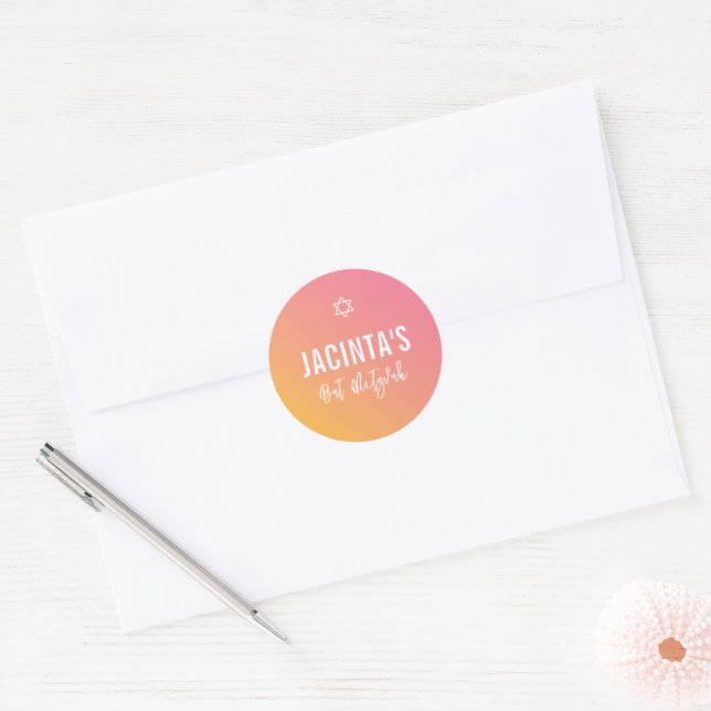 BAT MITZVAH modern star pink yellow gradient Classic Round Sticker (Envelope)