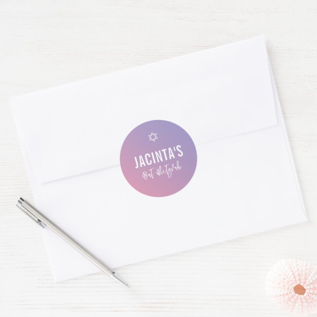 BAT MITZVAH modern star purple pink gradient Classic Round Sticker (Envelope)
