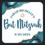 Bat Mitzvah Modern Turquoise Gold Agate Script Square Sticker<br><div class="desc">Be proud, rejoice and showcase this milestone of your favourite Bat Mitzvah! Use this cool, unique, modern, personalized sticker to add to her special day. Dark teal blue script typography and a faux gold Star of David overlay a simple, clean white background with turquoise blue agate rocks accented with faux...</div>