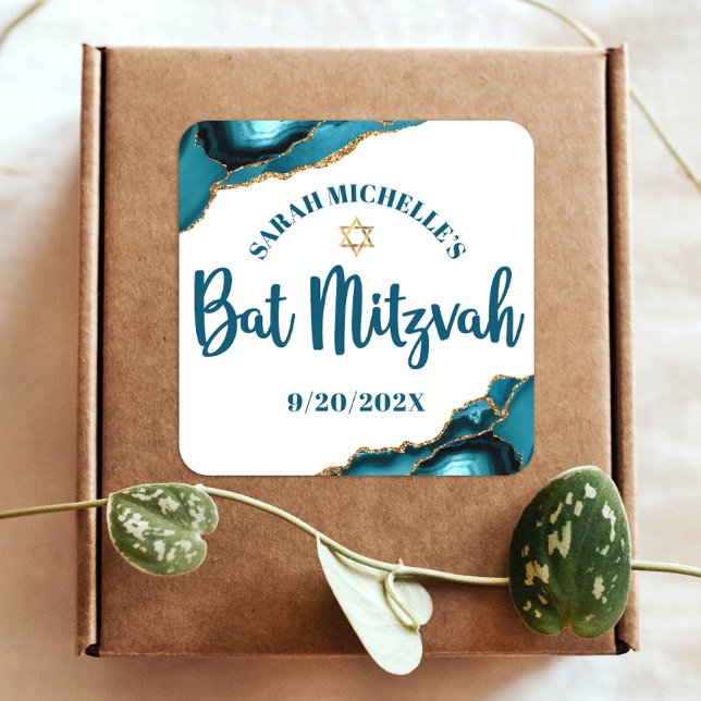 Bat Mitzvah Modern Turquoise Gold Agate Script Square Sticker (Creator Uploaded)