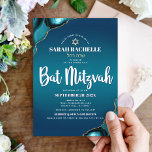 Bat Mitzvah Modern Turquoise Ombre Agate Script Invitation<br><div class="desc">Be proud, rejoice and showcase this milestone of your favourite Bat Mitzvah! Send out this cool, unique, modern, personalized, Hebrew name invitation for an event to remember. White script typography and a faux gold Star of David overlay a deep turquoise teal blue ombre background with turquoise blue agate accented with...</div>