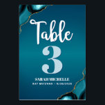 Bat Mitzvah Modern Turquoise Ombre Agate Script Table Number<br><div class="desc">No Bat Mitzvah party is complete without personalized table number cards. Let your daughter be proud, rejoice and celebrate her milestone at her perfectly coordinated party. White calligraphy script, light turquoise blue and white typography, and turquoise blue agate rocks accented with faux gold veins overlay a deep turquoise teal blue...</div>