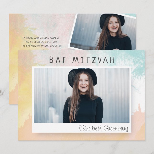 Bat Mitzvah Modern Watercolor Abstract Invitation (Front/Back)