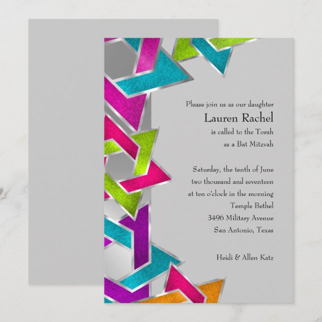 Bat Mitzvah Multicolored Silver Star of David Invitation (Front/Back)