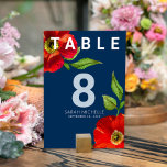 Bat Mitzvah Navy Blue Modern Red Floral Watercolor Table Number<br><div class="desc">No Bat Mitzvah party is complete without personalized table number cards. Let your favourite Bat Mitzvah be proud, rejoice and celebrate her milestone at her perfectly coordinated party. This sophisticated, chic, stunning, red floral watercolor with modern san serif type overlays a dark, navy blue background. Personalize the custom text with...</div>
