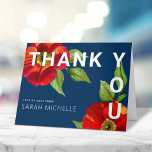 Bat Mitzvah Navy Blue Modern Red Floral Watercolor Thank You Card<br><div class="desc">Make sure your favourite Bat Mitzvah shows her appreciation to all who supported her milestone event! Send out this sophisticated, personalized invitation! A chic, stunning, floral watercolor with modern san serif type overlays a navy blue background. Personalize the custom text with your Bat Mitzvah’s name. Guaranteed to add a stylish...</div>