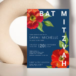 Bat Mitzvah Navy Blue Red Floral Watercolor Modern Invitation<br><div class="desc">Be proud, rejoice and showcase this milestone of your favourite Bat Mitzvah with this sophisticated, personalized invitation! A chic, stunning, red floral watercolor with modern san serif type overlays a navy blue background. Personalize the custom text with your Bat Mitzvah’s name, date, and venue information. Guaranteed to add stylish fun...</div>
