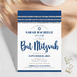 Bat Mitzvah Navy Blue Script Simple Modern Tallit Invitation<br><div class="desc">Be proud, rejoice and showcase this milestone of your favourite Bat Mitzvah! Send out this cool, unique, modern, personalized invitation for an event to remember. Bold, navy blue script typography, Star of David and a navy blue and silver glitter striped tallit inspired graphic overlay a simple, white background. Personalize the...</div>