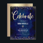 Bat Mitzvah Navy Gold Foil Glitter Script Modern Enclosure Card<br><div class="desc">Be proud, rejoice and showcase this milestone of your favourite Bat Mitzvah! Include this stunning, modern, personalized insert for additional information to your event. Graphic faux gold foil calligraphy script, Star of David, and confetti, overlay a rich, dramatic, navy blue watercolor background. Personalize the custom text with your Bat Mitzvah’s...</div>