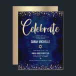 Bat Mitzvah Navy Gold Foil Glitter Script Modern Enclosure Card<br><div class="desc">Be proud, rejoice and showcase this milestone of your favourite Bat Mitzvah! Include this stunning, modern, personalized insert for additional information to your event. Graphic faux gold foil calligraphy script, Star of David, and confetti, overlay a rich, dramatic, navy blue watercolor background. Personalize the custom text with your Bat Mitzvah’s...</div>