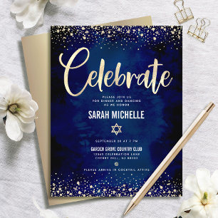 Bat Mitzvah Navy Gold Foil Glitter Script Modern Enclosure Card