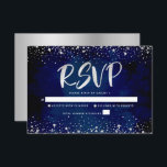 Bat Mitzvah Navy Silver Glitter Script Watercolor RSVP Card<br><div class="desc">Be proud, rejoice and showcase this milestone of your favourite Bat Mitzvah! Include this stunning, modern, personalized RSVP insert card for your event. Graphic faux silver foil calligraphy script and confetti overlay a rich, dramatic, navy blue watercolor background. Personalize the custom text with the “reply by” date. Matching and coordinating...</div>