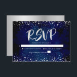 Bat Mitzvah Navy Silver Glitter Script Watercolor RSVP Card<br><div class="desc">Be proud, rejoice and showcase this milestone of your favourite Bat Mitzvah! Include this stunning, modern, personalized RSVP insert card for your event. Graphic faux silver foil calligraphy script and confetti overlay a rich, dramatic, navy blue watercolor background. Personalize the custom text with the “reply by” date. Matching and coordinating...</div>