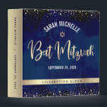 Bat Mitzvah Navy Watercolor Gold Glitter Script Binder<br><div class="desc">Let your favourite Bat Mitzvah be proud, rejoice and celebrate her milestone with this stunning keepsake scrapbook memory album. Sparkly, gold faux foil handwritten calligraphy script and confetti glitter dots overlay a sophisticated, dramatic navy blue watercolor background. A faux gold foil Star of David overlays a faux gold metallic ombre...</div>