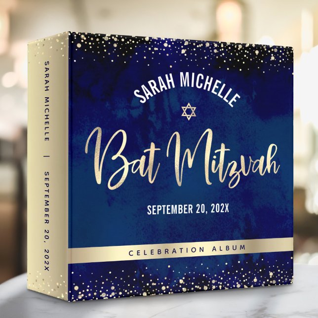 Bat Mitzvah Navy Watercolor Gold Glitter Script Binder (Creator Uploaded)
