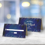 Bat Mitzvah Navy Watercolor Gold Glitter Script Place Card<br><div class="desc">No Bat Mitzvah party is complete without personalized place cards. Let your favourite Bat Mitzvah be proud, rejoice and celebrate her milestone at her perfectly coordinated party. Bold, sans serif typography and sparkly faux gold glitter tiny dots overlay a rich, dramatic, navy blue watercolor background. On the back, white sans...</div>