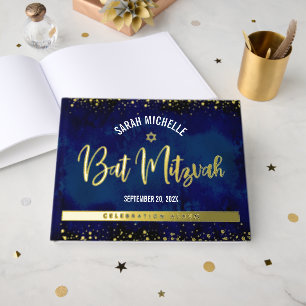 Bat Mitzvah Navy Watercolor Script Real Gold Foil Guest Book