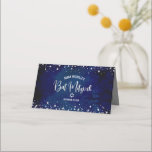 Bat Mitzvah Navy Watercolor Silver Glitter Script Place Card<br><div class="desc">No Bat Mitzvah party is complete without personalized place cards. Let your favourite Bat Mitzvah be proud, rejoice and celebrate her milestone at her perfectly coordinated party. Bold, sans serif typography and sparkly faux silver glitter tiny dots overlay a rich, dramatic, navy blue watercolor background. On the back, white sans...</div>