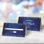 Bat Mitzvah Navy Watercolor Silver Glitter Script Place Card<br><div class="desc">No Bat Mitzvah party is complete without personalized place cards. Let your favourite Bat Mitzvah be proud, rejoice and celebrate her milestone at her perfectly coordinated party. Bold, sans serif typography and sparkly faux silver glitter tiny dots overlay a rich, dramatic, navy blue watercolor background. On the back, white sans...</div>
