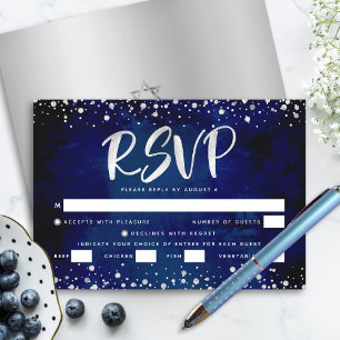 Bat Mitzvah Navy Watercolor Silver Script Entrée RSVP Card