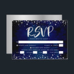 Bat Mitzvah Navy Watercolor Silver Script Entrée RSVP Card<br><div class="desc">Be proud, rejoice and showcase this milestone of your favourite Bat Mitzvah! Include this stunning, modern, personalized RSVP insert card for your event. Graphic faux silver foil calligraphy script and confetti overlay a rich, dramatic, navy blue background. Personalize the custom text with the “reply by” date and entrée choice options....</div>