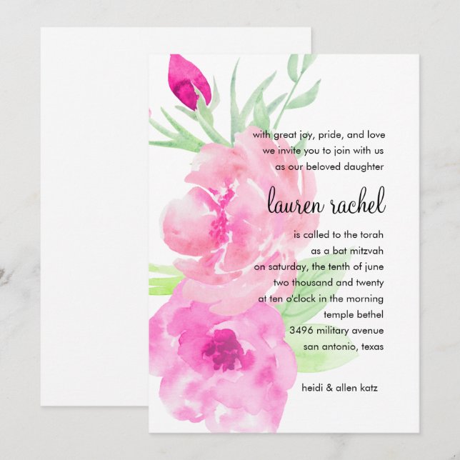 Bat Mitzvah Painted Watercolor Pink Roses Invitation (Front/Back)