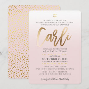 Bat mitzvah PERSONNALISÉ Invitation or rose pâle C
