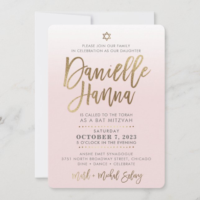 Bat mitzvah PERSONNALISÉ Invitation or rose pâle D (Devant)