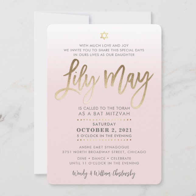 Bat mitzvah PERSONNALISÉ Invitation or rose pâle L (Devant)