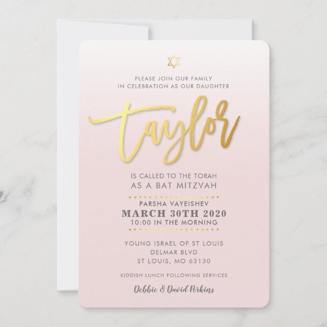 Bat mitzvah PERSONNALISÉ Invitation or rose pâle T (Devant)