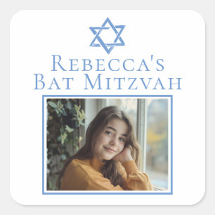 Bat Mitzvah Photo Blue Star of David Party Square Sticker