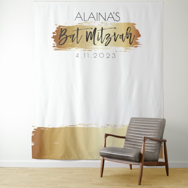 Bat Mitzvah Photo Booth Party Backdrop Gold White Tapestry (In Situ)